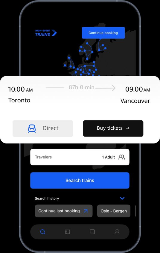 High-Speed Trains app showing Toronto to Vancouver train search